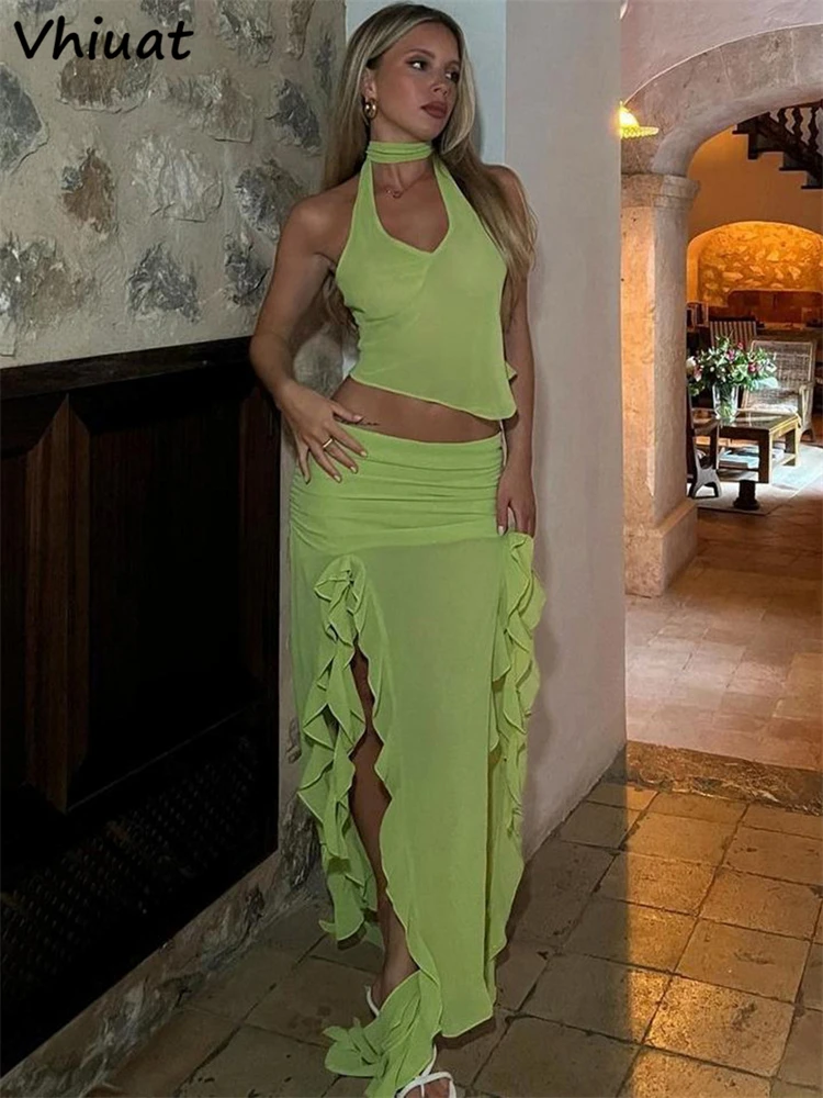 

Vhiuat Summer Vacation Ruffles Skirt Suit Women Elegant Sleeveless Tops+High Waist Long Skirt Two Piece Set Outfits New 2025