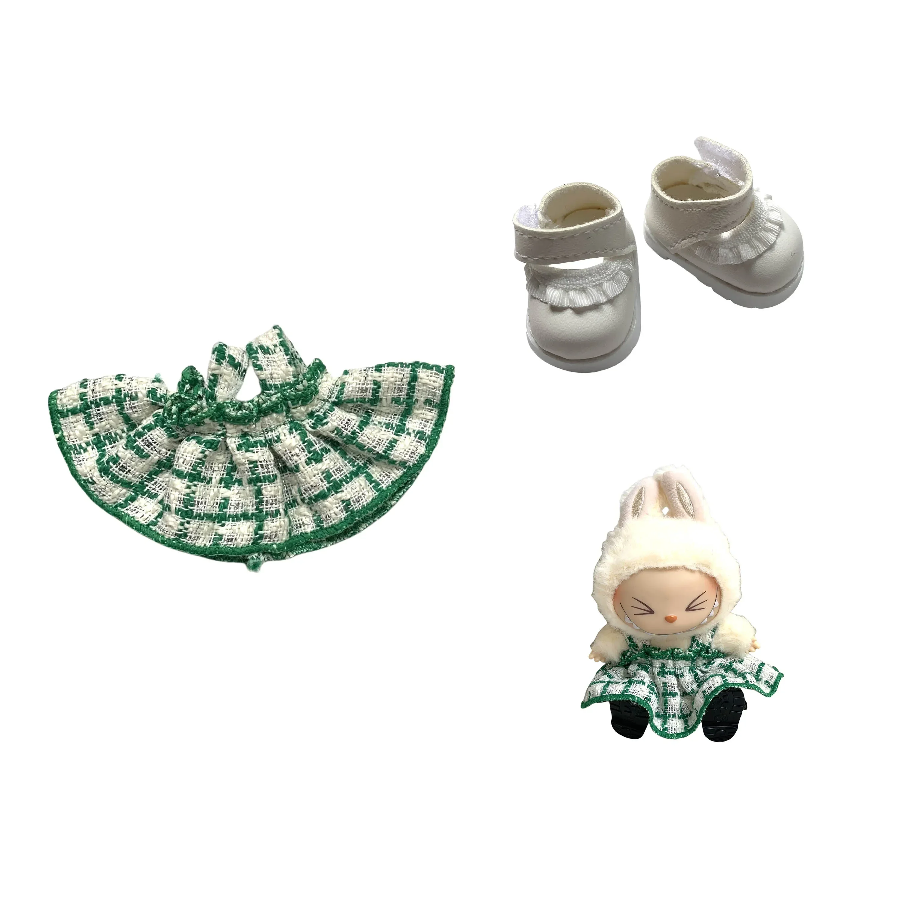 

Mini Doll Clothes Set for 15 - 17cm Ropa Labubu & 10cm Cotton Doll Green Dress + Hat + Shoes Outfit