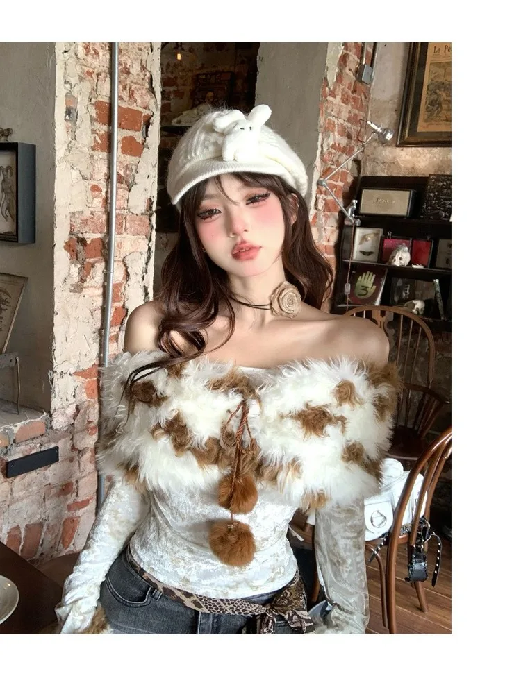 Vintage Fur Patchwork Off Shoulder Tops Mujer 2024 Autum New All-match T-shirt for Women Y2k Slim Fit Long Sleeve Tee Shirt