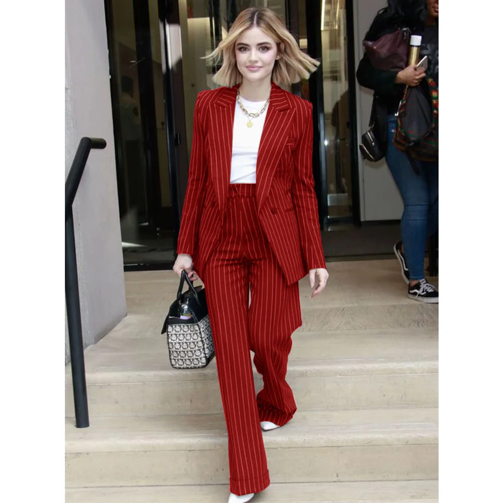 Women\'s Suit Striped Two-piece Slim Single-breasted Casual Fashion Suit Christmas Work Wear Female Clothing Pant Sets Outerwear