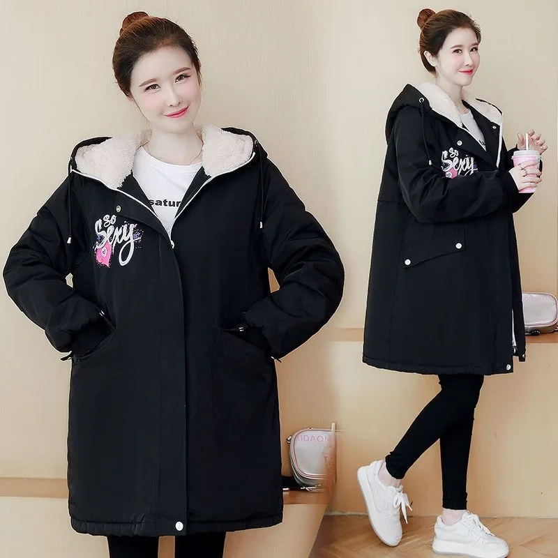 2023 New Women Down Cotton Coat Winter Jacket Female Mid-length Loose Parkas Thicken Brushed Warm Outwear Hooded Overcoat