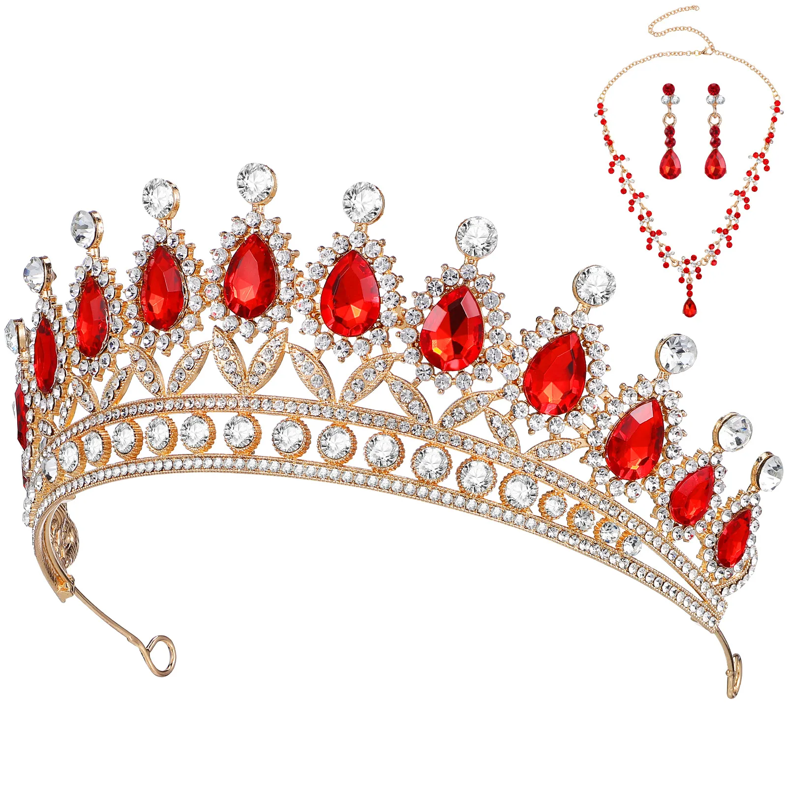 

1 set Crown Necklace Earrings Set Red Crown Bridal Jewelry for Wedding Party Banquet Accessories Tiaras Rhinestones Necklace Set