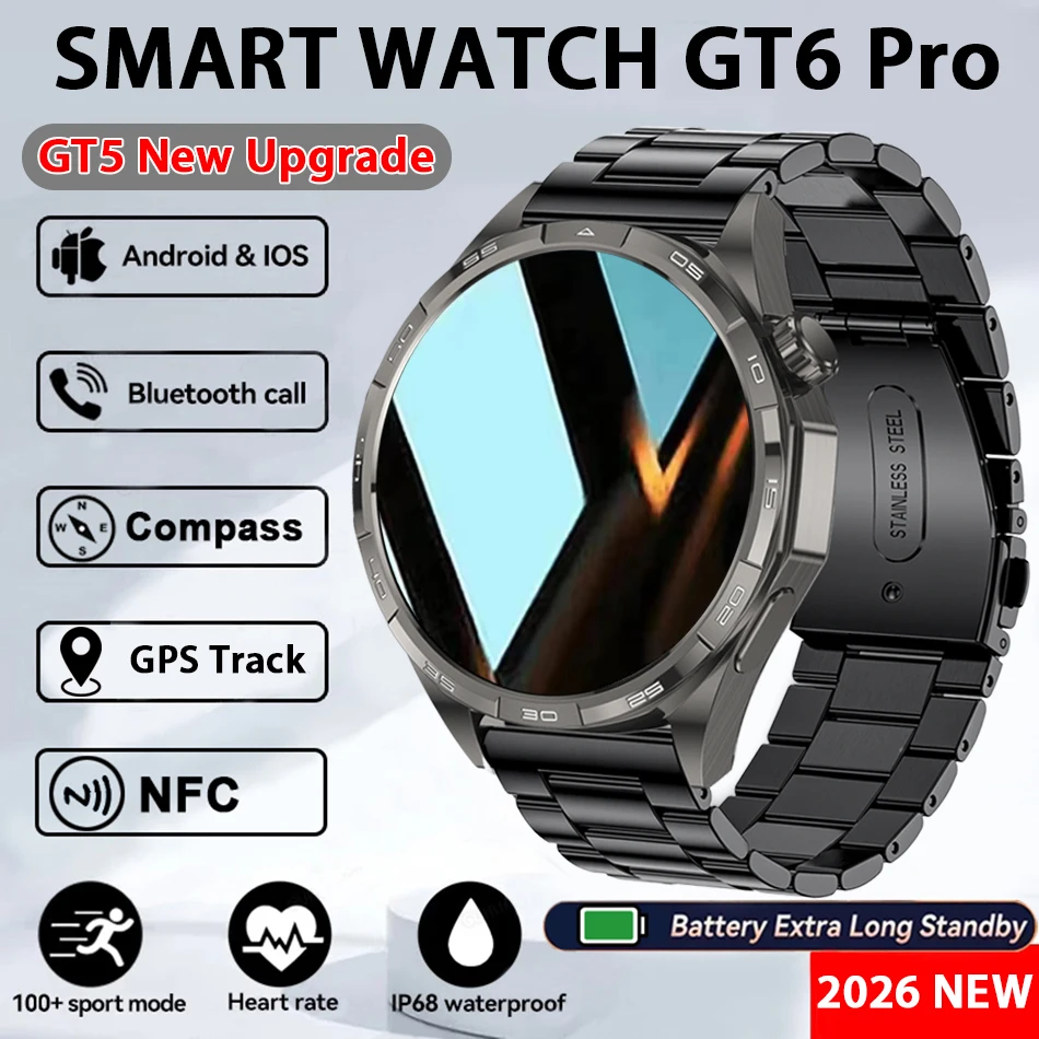 

Новинка 2025 года, умные часы серии GT6 Pro, мужские AMOLED-экраны, мониторинг сердечного ритма, здоровья, Bluetooth-вызов, деловые умные часы для мужчин