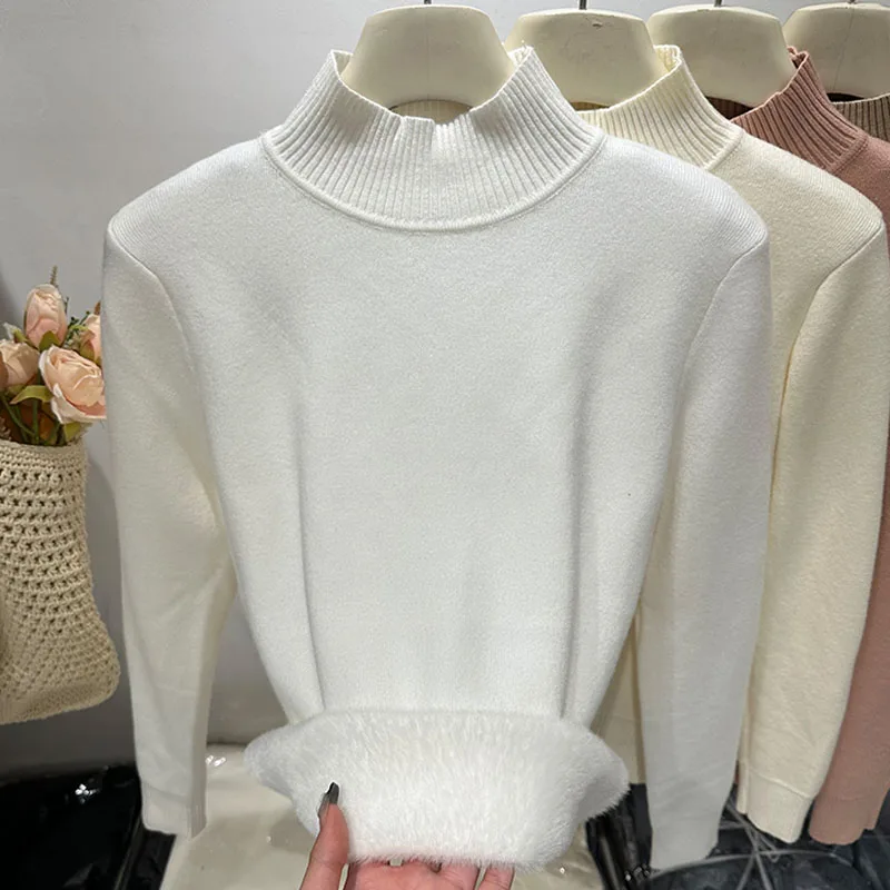 محبوك سترة المرأة البلوفرات الجديدة طويلة الأكمام وهمية الرقبة الصوف مبطن سميكة متماسكة سترة البلوز النساء بلايز البلوزات Q1133