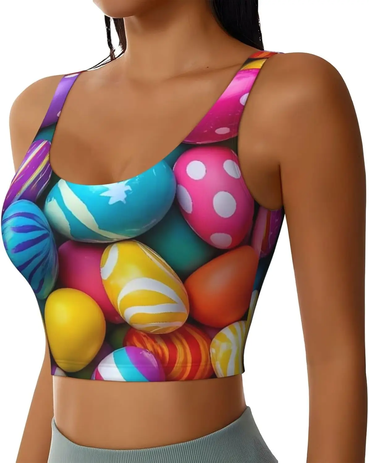 Colorful Easter Eggs Pattern Racerback Sports Bras for Women Support Bra for Yoga Gym Workout Fitness