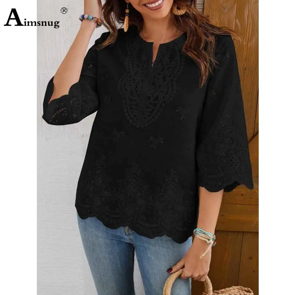 European Style 2025 Women Lace embroidery Basic Shirts New Casual Beach Tops Blouse Ladies Bohemian Flower shirt blusas femmes