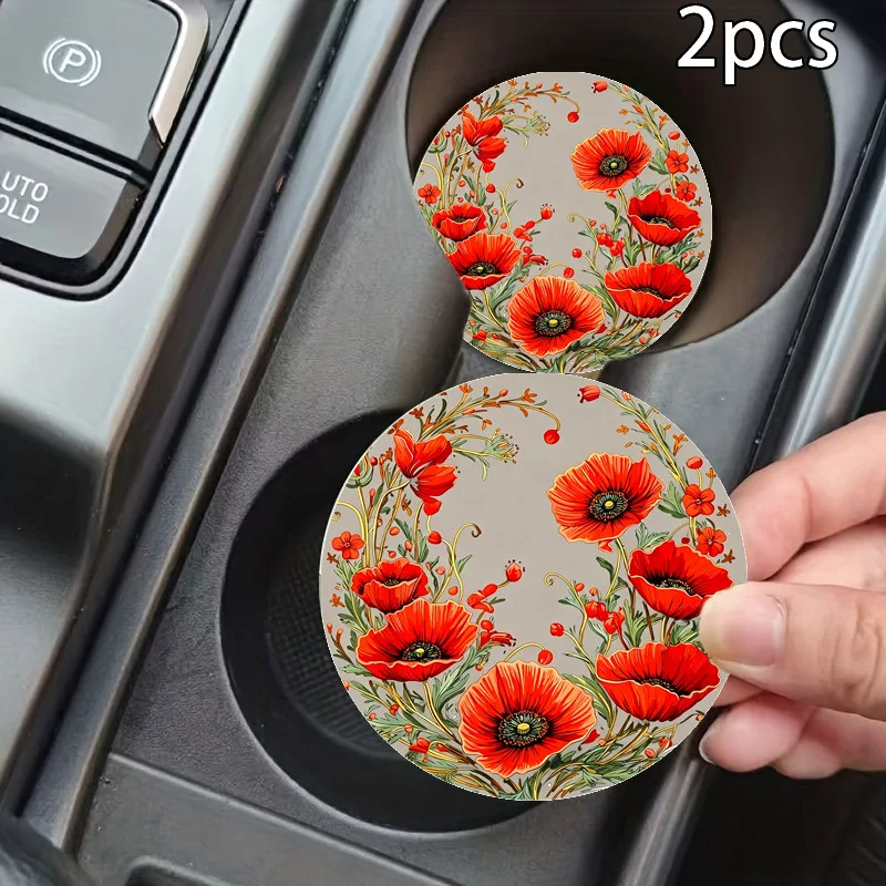 2Pcs Cute Winged Unicorn With Floral Hair Pattern Leather Car Cup Holder Coasters, Anti Slip Base Waterproof Washable Auto Inter