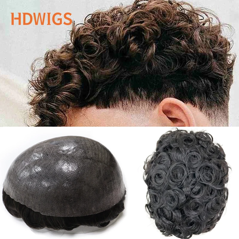25mm Curly Men Toupee With Knot Full PU 0.12-0.14cm Thin Skin Capillary Prosthesis Indian Human Hair Wig Curly Natural Hairpiece