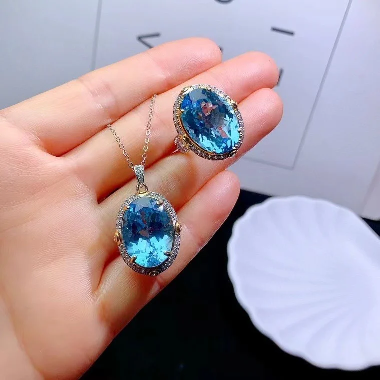 S925 Silver Topaz Ring Pendant Necklace Set, Luxury Vintage Fine Jewelry Collection, Elegant Blue Gift