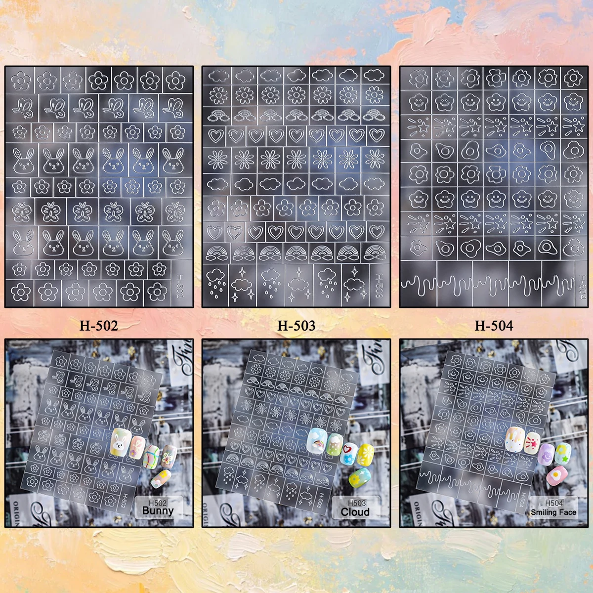 3/6/12 Sheets Cute Bunny Cloud Flower Smiley Hollow Airbrush Stencils French Tip Guide Templates DIY Nail Art Stickers