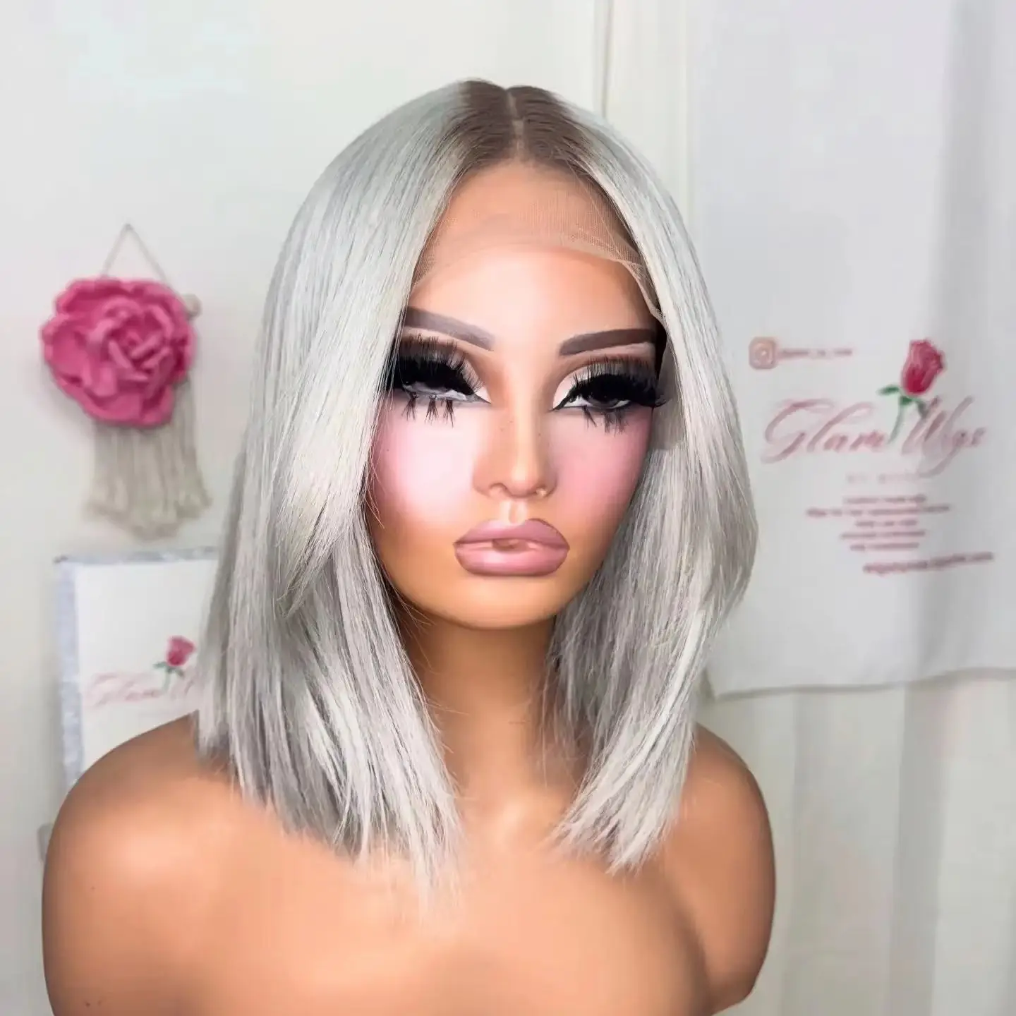 180 Density Ombre Silver Grey Straight Short Bob Wigs With Dark Roots 13x4 HD Lace Frontal Wigs for Women PrePlucked Daily Wear