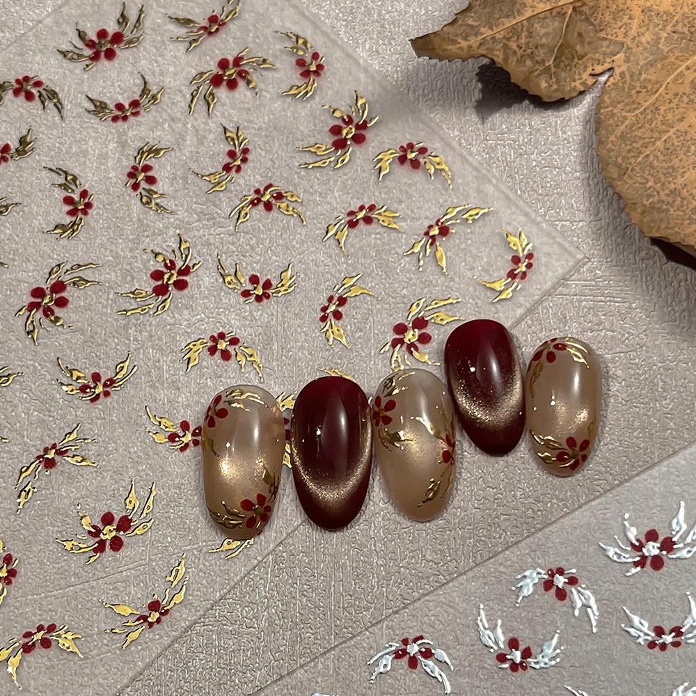 1PC 5D Luxury Gold leaf Floral Nail Art Stickers Elegant Metallic Burgundy Flower Embossed Press-on nails Decals Nail Art Supply