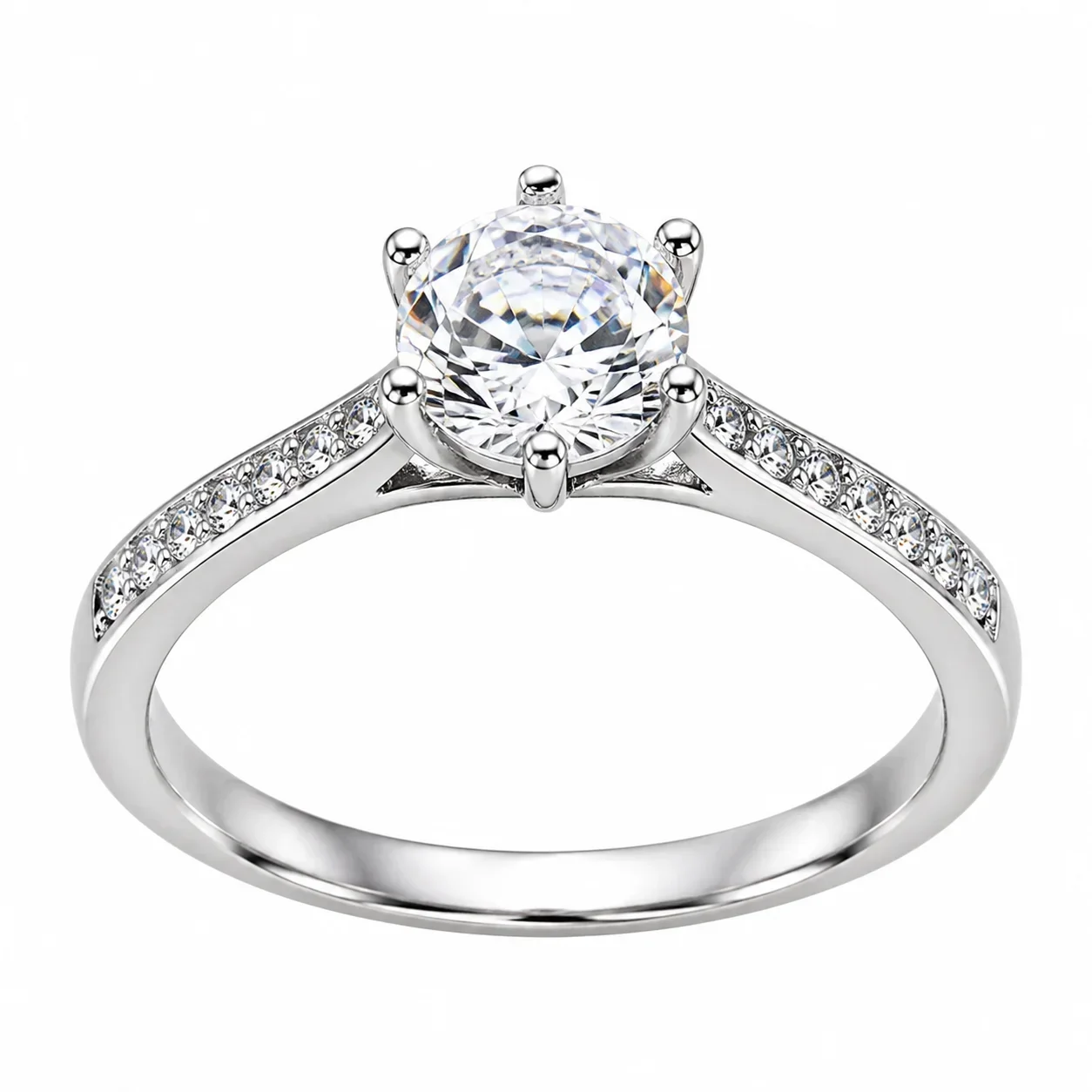 Six-prong moissanite band featuring intricate diamond inlay craftsmanship, available in constellation crown heart wave geometric
