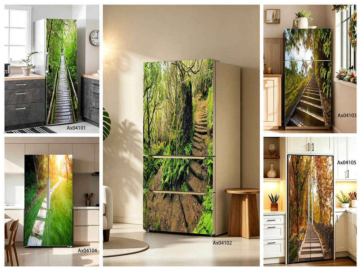 Warm Golden Sunrise Grass Stone Slab Path Art Fridge Wrap Stickers Waterproof Vinyl Sticker for Kitchen Refrigerator Decoration