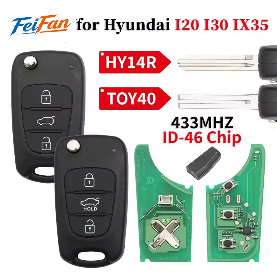 FeiFor Hyundai I20 I30 IX35 Avante 433Mhz ID46 Chip 3 Buttons Flip Folding Car Remote Key Fob TOY40HY14R Blade Replacement Key