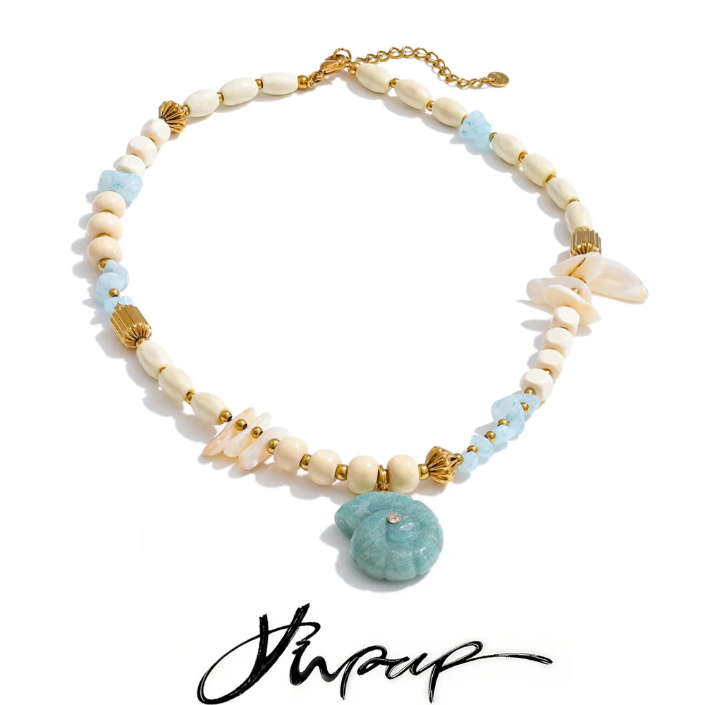 Yhpup Stainless Steel Handmade Jewelry Trendy Beads Natural Shell Wood Chain Conch Drop Spring Summer Necklace Tarnish Resistant