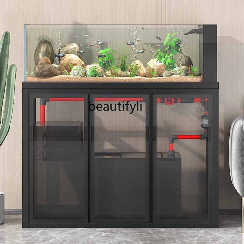 

Industrial wind stream tank ecological landscaping bottom filter fish tank living room ultra-white glass side overflow
