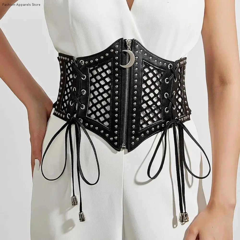 

Moon Zipper Pendant Leopard Print Cummerbunds PU Leather Waistband Hollow Corset Belts High Waist Elastic Wide Waist Belt