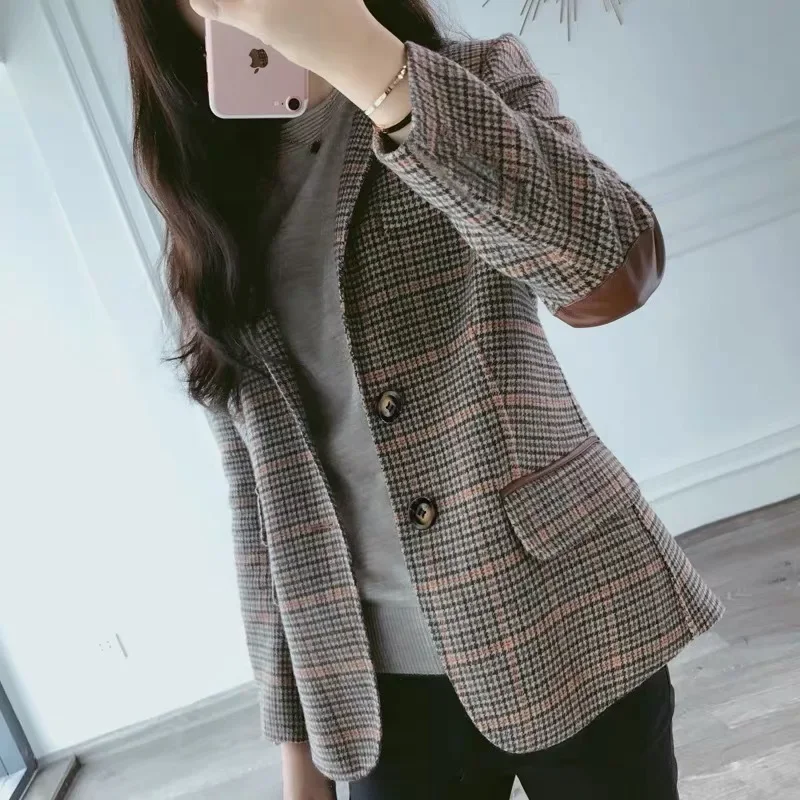 

British Style Slim women Plaid Blazers Patch Elbow Patchwork Women Classic Suit Coat Formal Lady Single Breasted Outwear