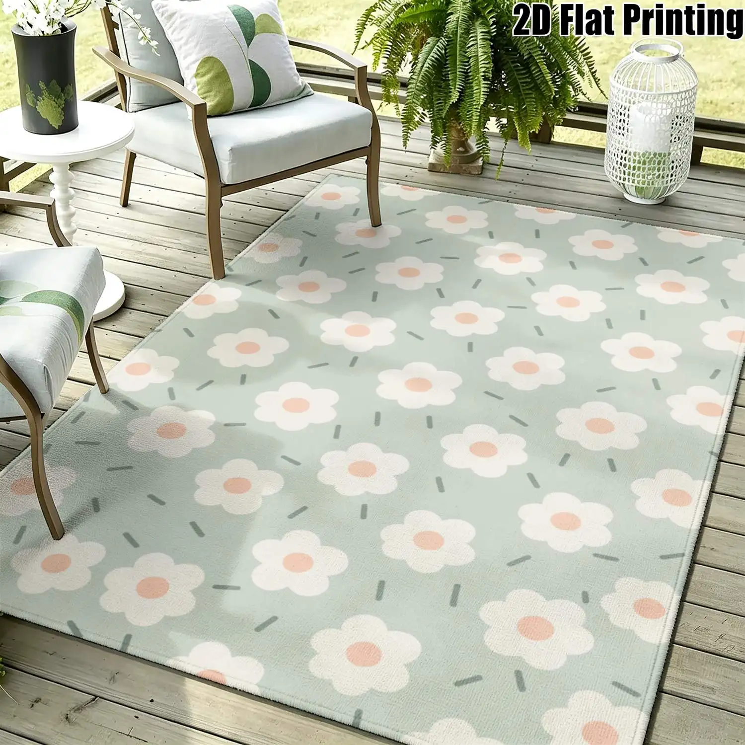 1Pc 2D Printed Carpet: Light Green Base, Cream-White Flower Pattern Instagram-Style Modern Simple Home Decor Rug, Multi-Size, Machine Washable, for Entryway, Dining, Bedroom, Study, Living Room.