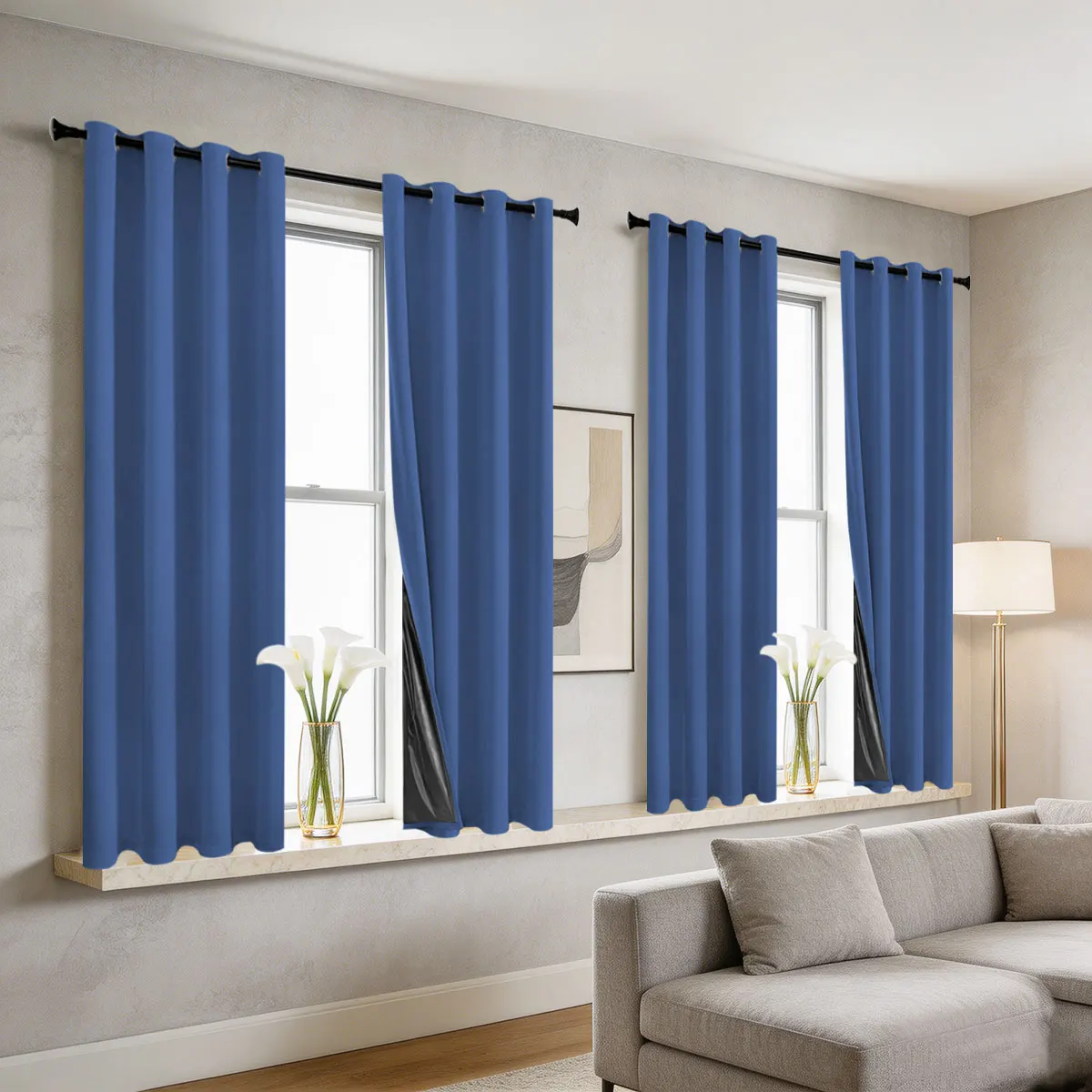 Dark Blue Grommet Light Blocking Curtains 4Pcs, Black Coated Solid Window Drapes for Bedroom Living Room Home Decor
