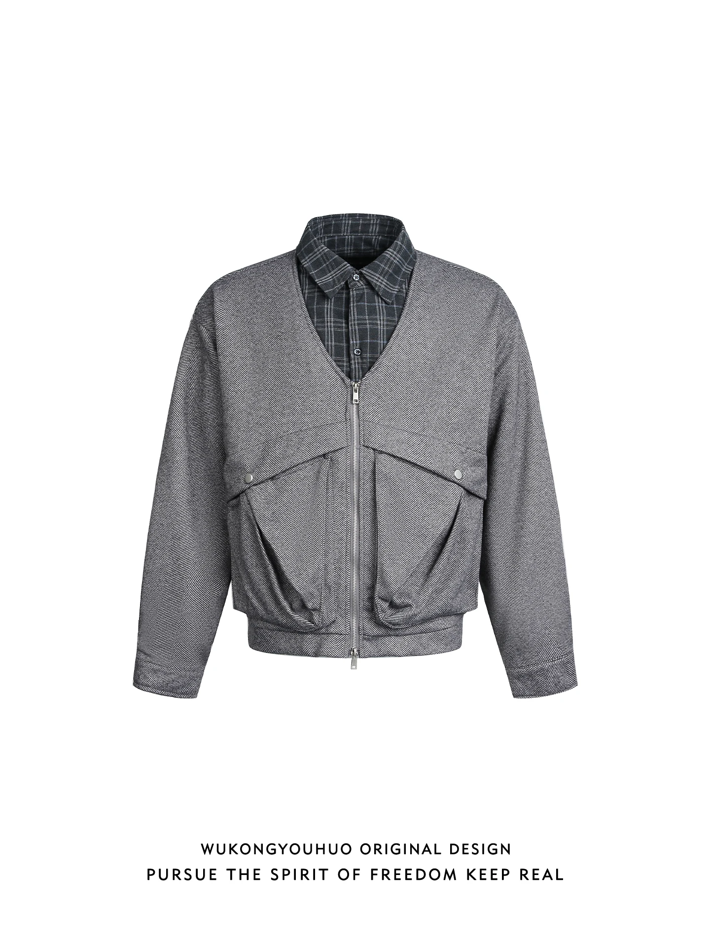 

Мужская куртка свободного кроя в американском стиле с клетчатыми вставками и воротником-стойкой, весенняя повседневная верхняя одежда из полиэстера на молнии