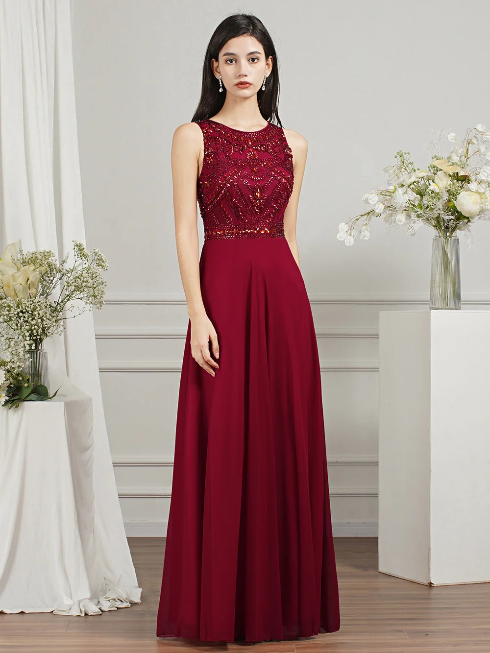 Women Burgundy Bridesmaid Dress Long 2022 Sparkly Beading Sleeveless Formal Evening Party Maxi Vestidos Elegant Floor Length