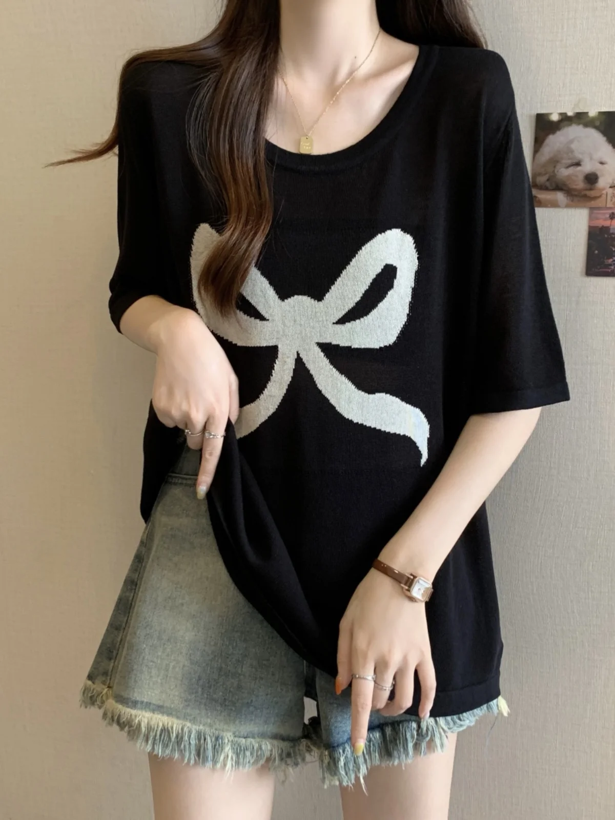 Summer Ice Silk  Knot Short Sleeve Women's T-shirt Loose Fit Korean Style Creative Pattern Thinming Belly Cover Text...