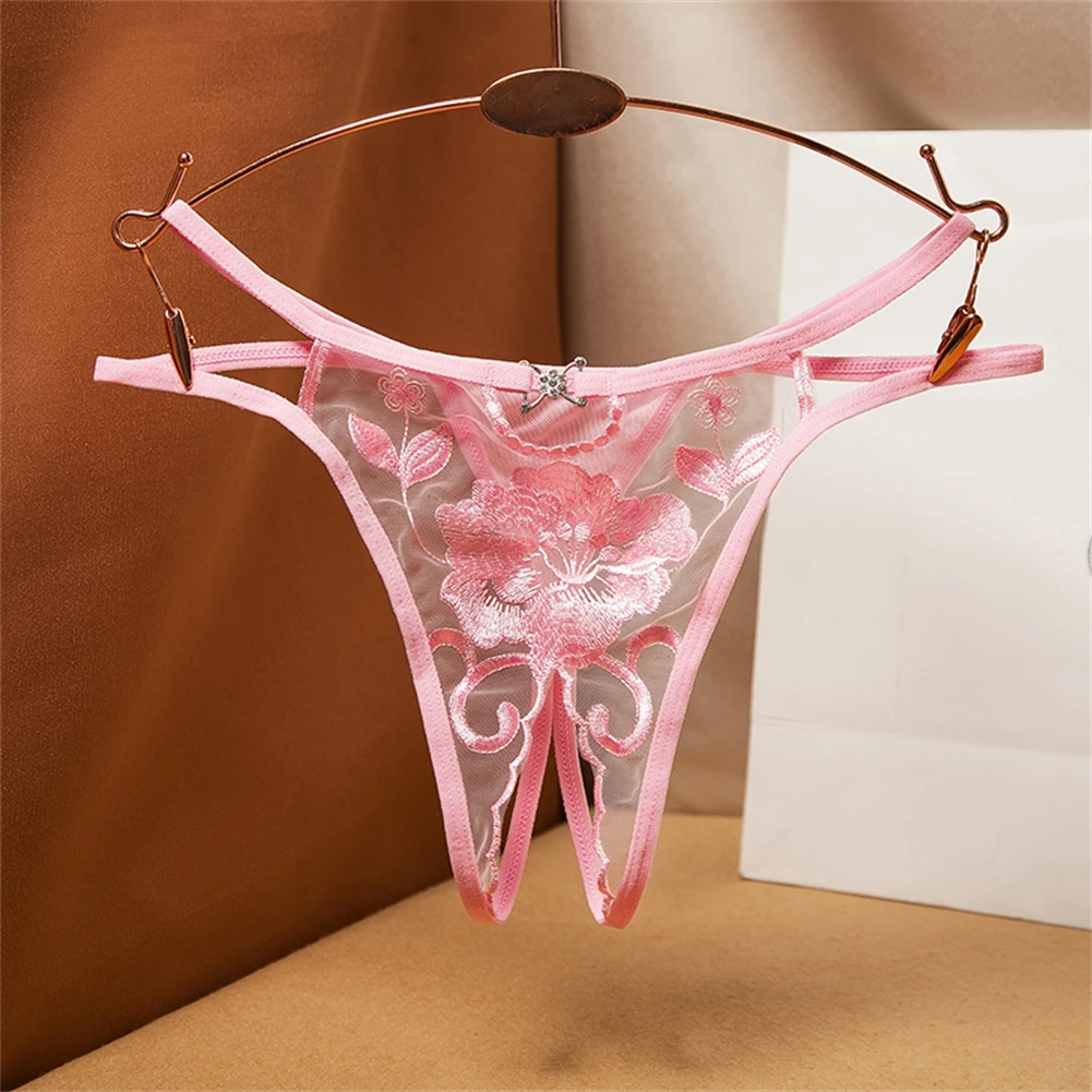 

Women Sexy Open Crotch Underpants Erotic Underwear Sheer Mesh See Through Thong Briefs Flower Embroidery Panties T Back Panties