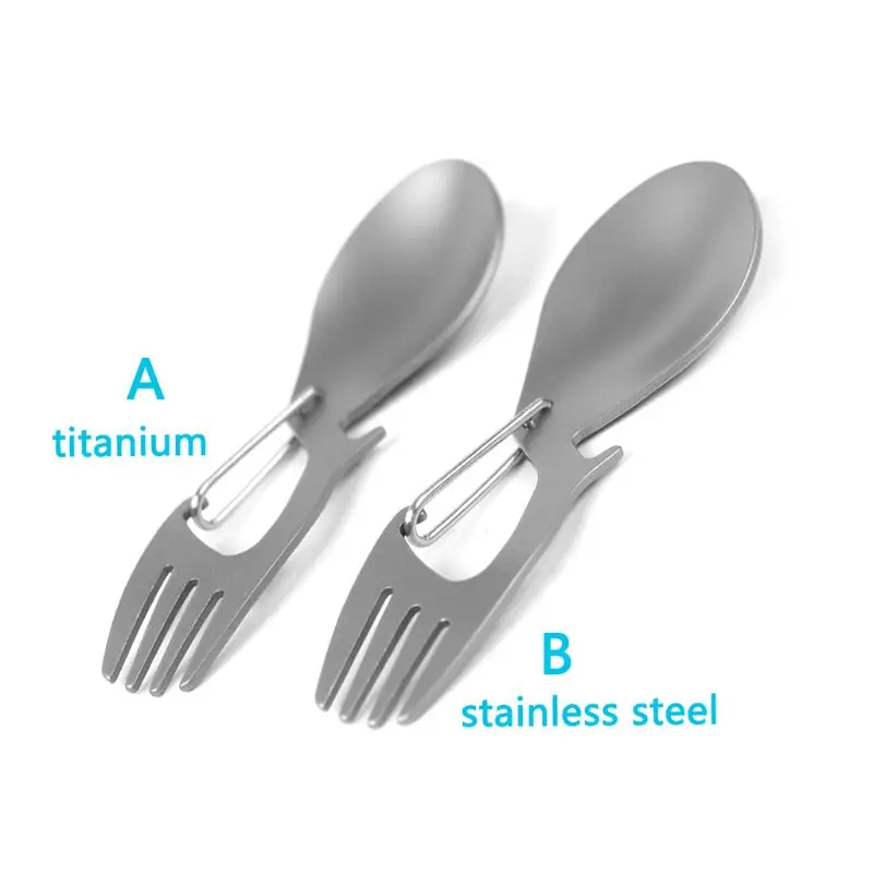 3 in 1 Stainless Steel for Titanium Camping Tableware Fork Spoon Bottle Opener Outdoor Hang Buckle