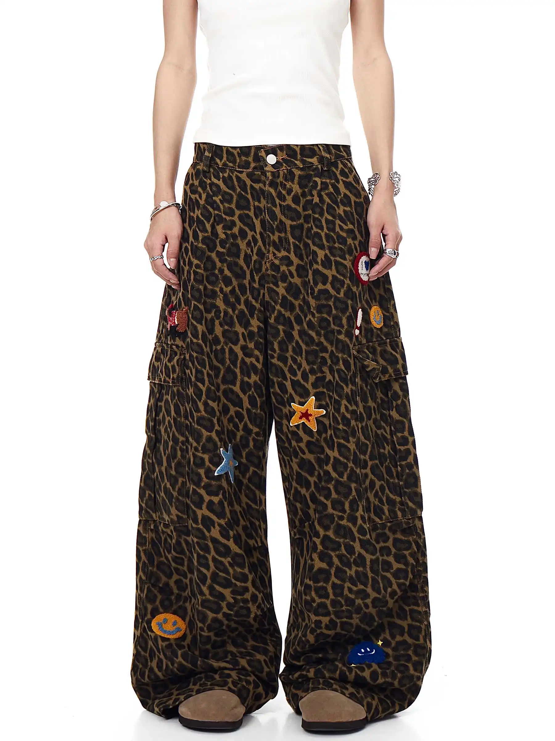 Women's Brown Baggy Y2k Star Embroidery Leopard Jeans Japanese 2000s Style Emo Jean Pants Vintage Harajuku Denim Trousers Autumn