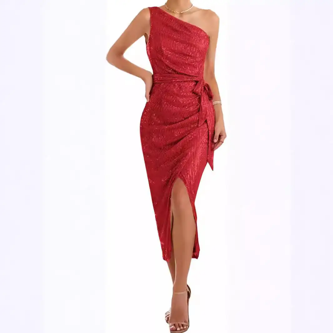 스팽글 랩 드레스 이브닝 드레스 웨딩 미디 웨이스트 폴리에스터 튜브 스커트 원숄더 슬림 여성 드레스
