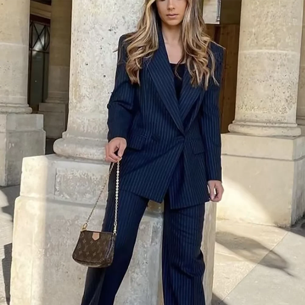Pinstripe Women's Suit Two Piece Classic Double Button Peak Lapel Casual Outfit Daily Shopping High Street Female Clothing