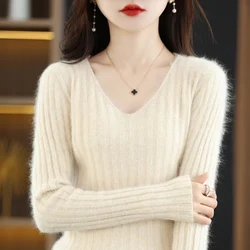 Women's Sweater V-Neck Pullover Mink Cashmere Long Sleeved Knitted Sweater Autumn Winter Slim Fit Warm Tight Fitting Base Sweate