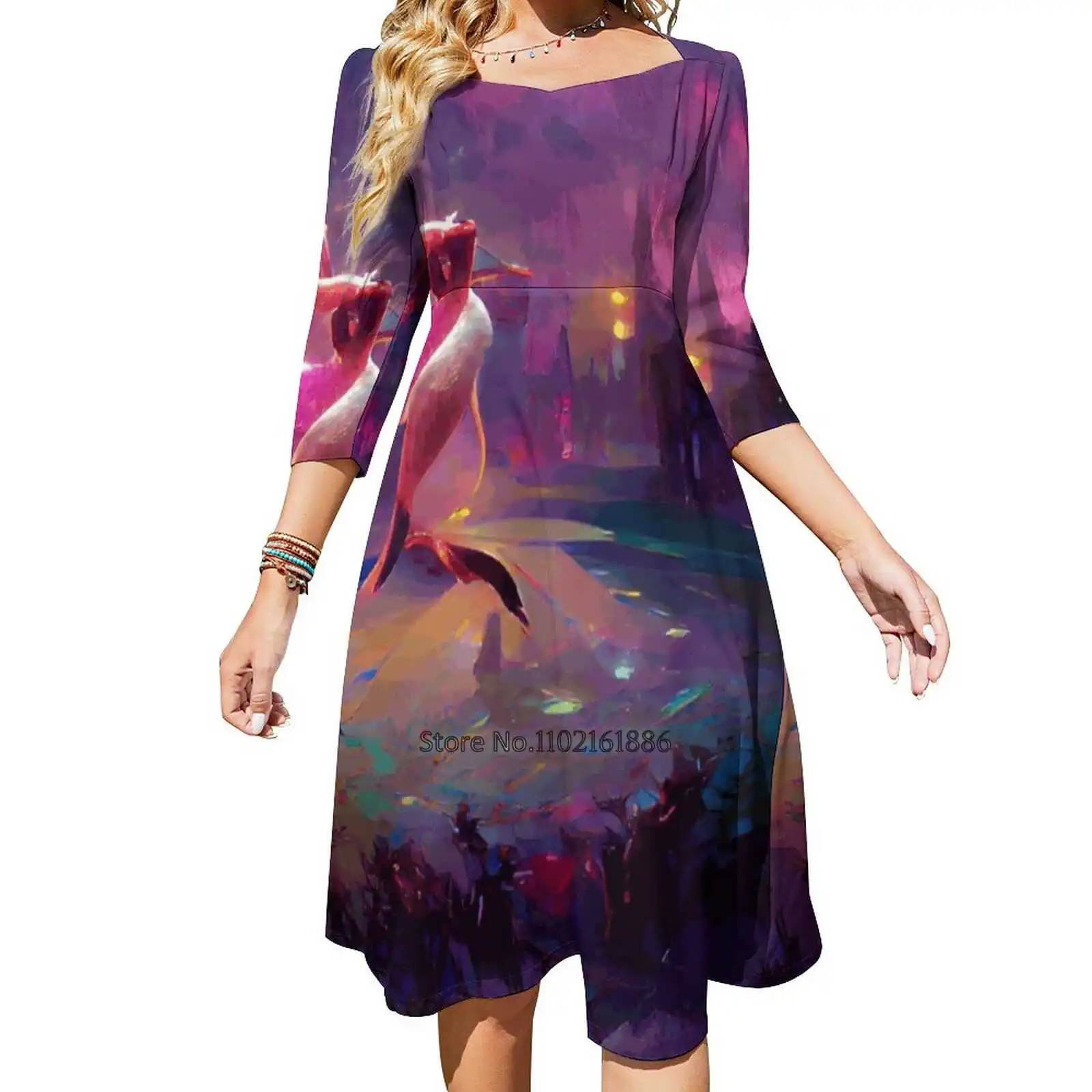 Dance At Night | Artificial Inteligence Generated Art Square Neck Dress Summer Dress Women Elegant Halter Print Dress Ai