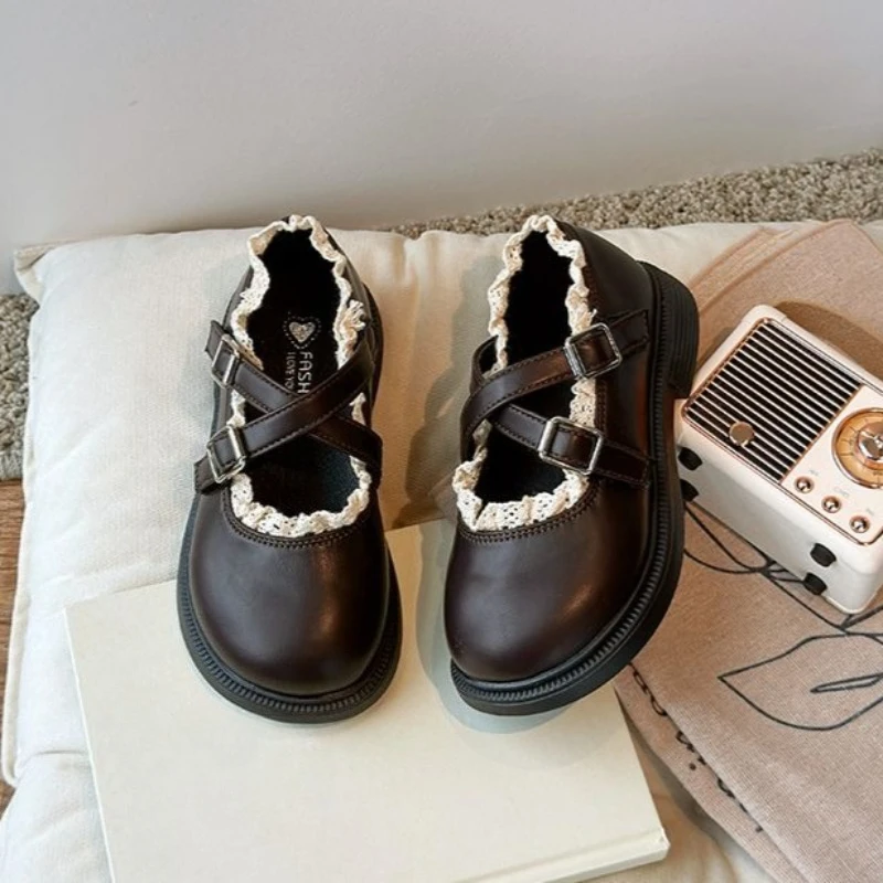 Girls Mary Jane Lace Loafers 2026 Spring Autumn New Korean Style Baby Leather Shoes Fashion School Footwear