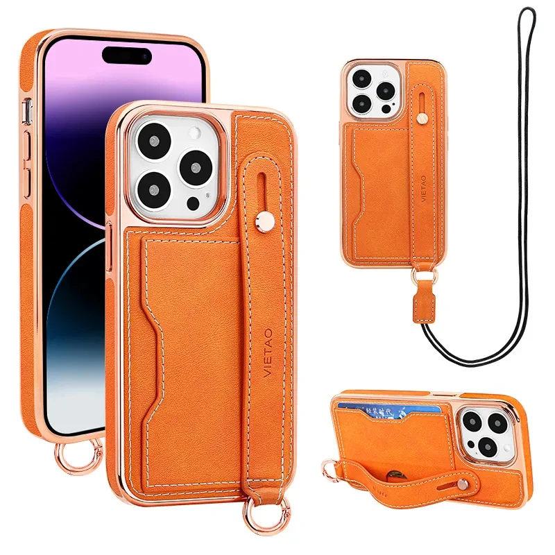 Vietao Luxury Orange Leather phone cover for iphone 14 13 12 pro max 14pro 13pro 12pro Card holder stand mobile case