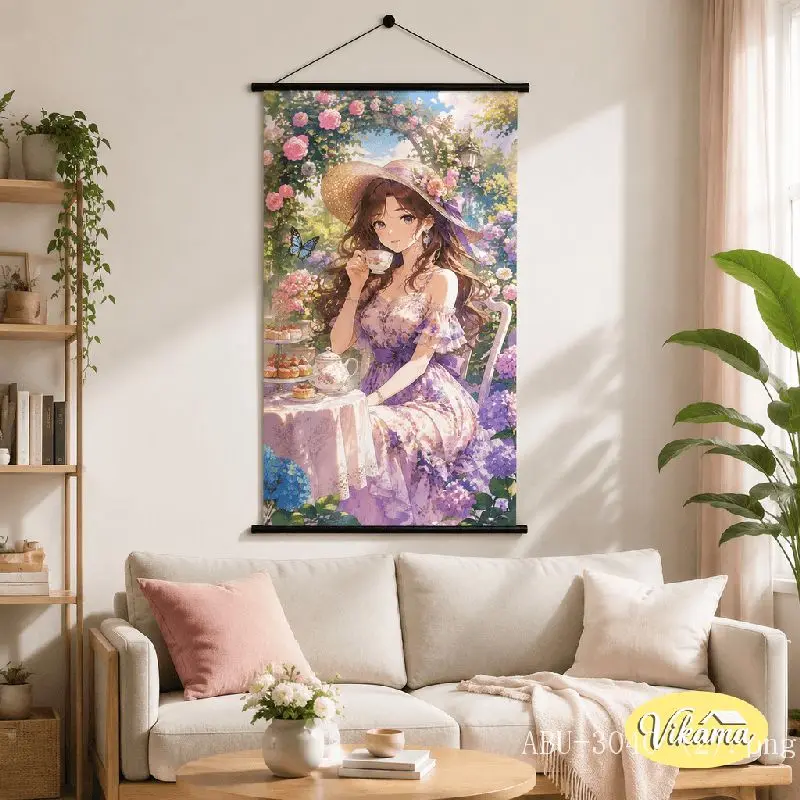 VIKAMA Floral Dress Girl Tapestry Garden Hydrangea Rose Butterfly Teacup Anime Art Polyester Wall Hanging Bedroom Dorm Home Soft