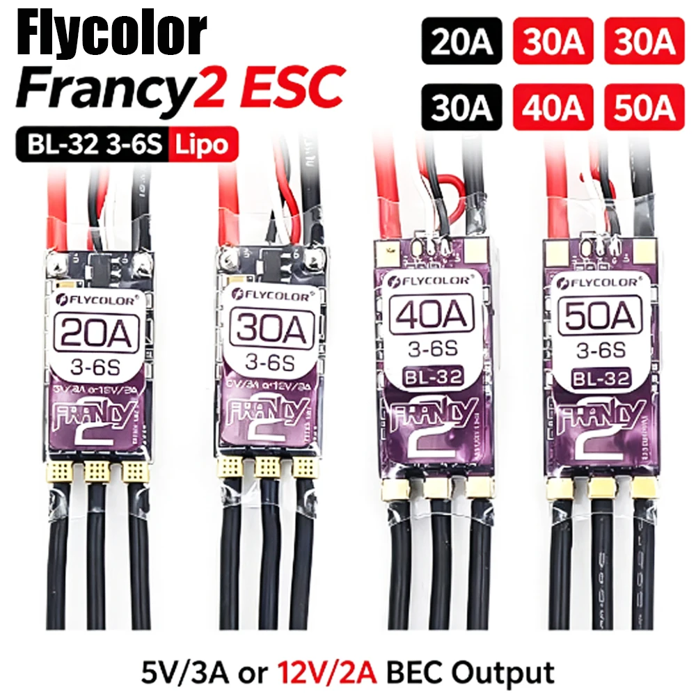 Flycolor Francy2 BL-32 Brushless ESC 20A - 50A 3‑6S Lipo 5V/3A 12V/2A BEC Output for FPV Racing Drone RC Airplane EDF Jet Parts
