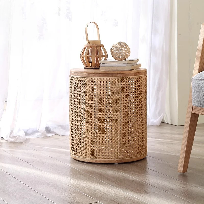 

Rattan edge few Nordic round solid wood wabi-sabi living room sofa small coffee table balcony tea table simple storage corner