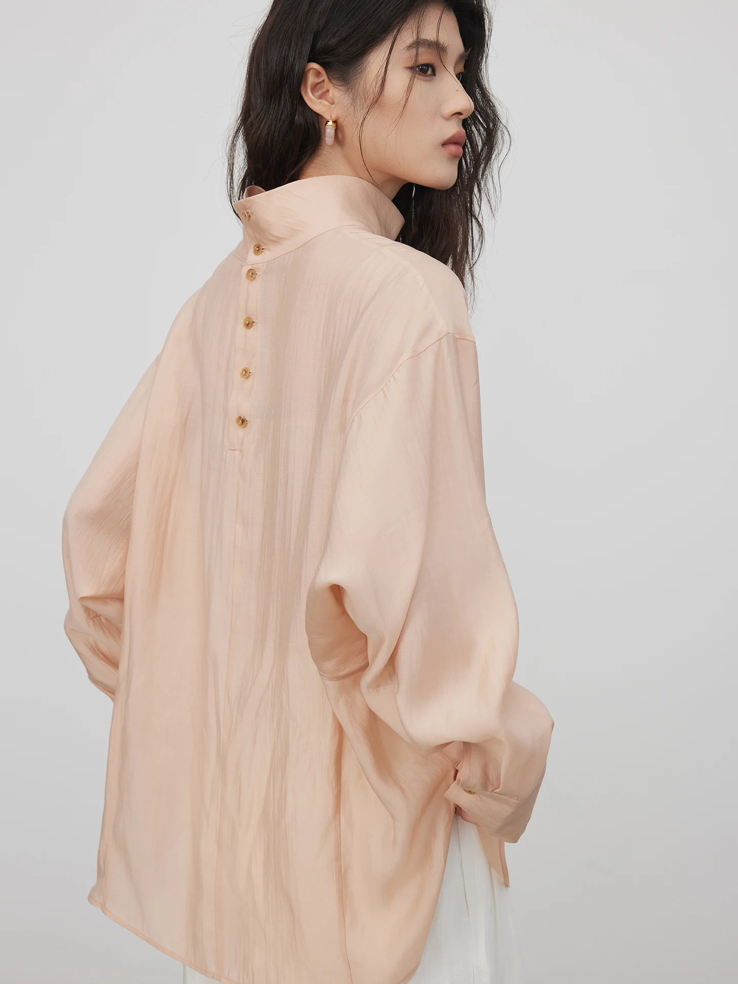 

KEARA Soft Glowing Orange Pink Women's Shirt Spring Luxury Style Silk Blend Lightweight Loose Fit Long Sleeve High Collar