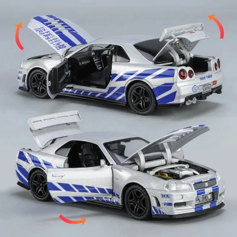 1:32 Nissan GTR R34 Skyline Fast & Furious Alloy Car Model Sound and Light Pull Back Children\'s Toy Collectibles Birthday gift