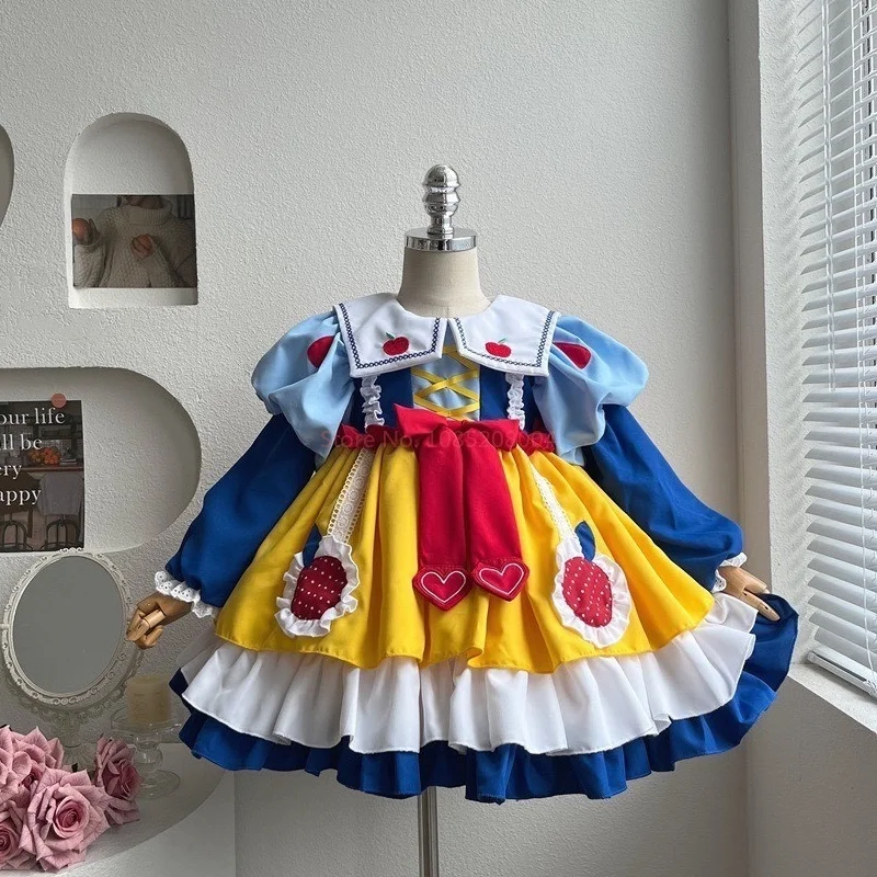 Disney Snow White Girl Lolita Princess Ball Gown Children Bow Design Puff Long Sleeve Cosplay Costume Birthday Party Skirt Gifts