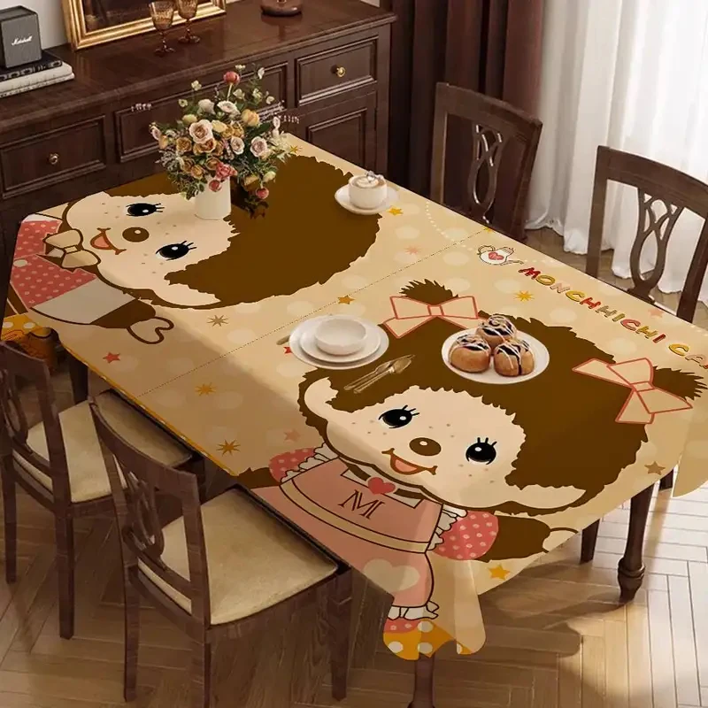 VIKAMA Beige Background Monchhichi Doll Print Table Cloth Stain Resistant Table Cover Sweet Cartoon Girl Room Party Decoration