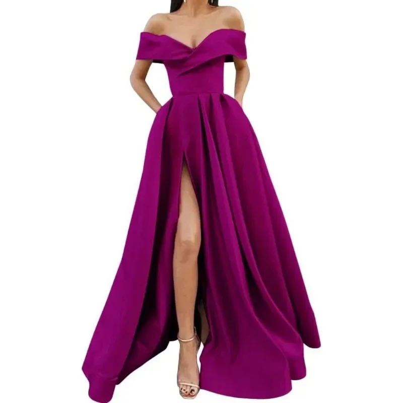 Floor Length Evening Gowns Quinceanera Dress Off The Shoulder Emerald Green Satin Long Prom Dresses with Leg Slit V-neck