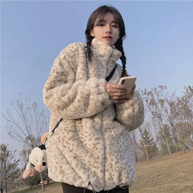 2024 New Autumn Winter Korean Version Loose Leopard Short Imitation Rabbit  Imitation Thick Female Fur Lined Coat Winter Coats