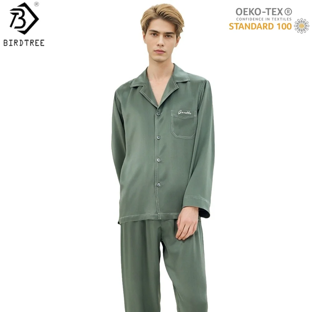 

BirdTree,OEKO-TEX,19MM 100% Real Silk Pajamas Set For Men,Long Sleeve Top Pants,Fashion Loose Homewear,2026 Spring New P61416JF