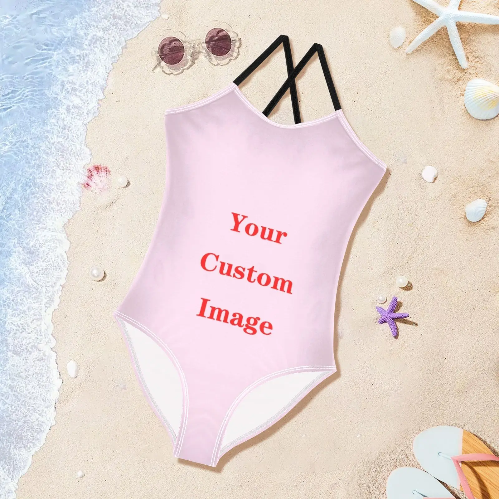 Girls Custom Print One‑Piece Swimsuit Personalized Image Custom Kids Bathing Suit Cross‑Back Swimwear for 3‑10 Years Old