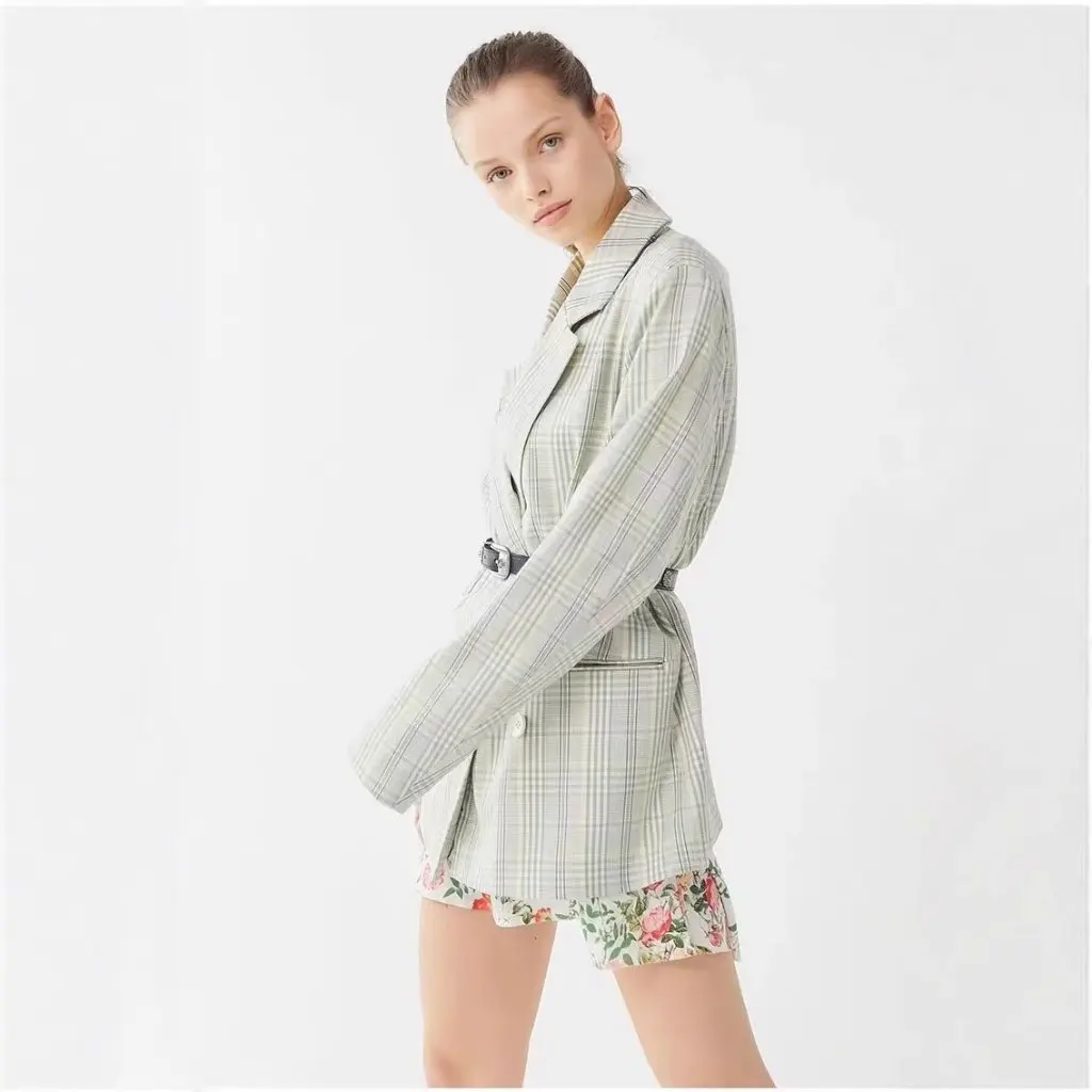 

Женский клетчатый костюм в европейском и американском стиле, пальто свободного покроя с воротником, модная верхняя одежда