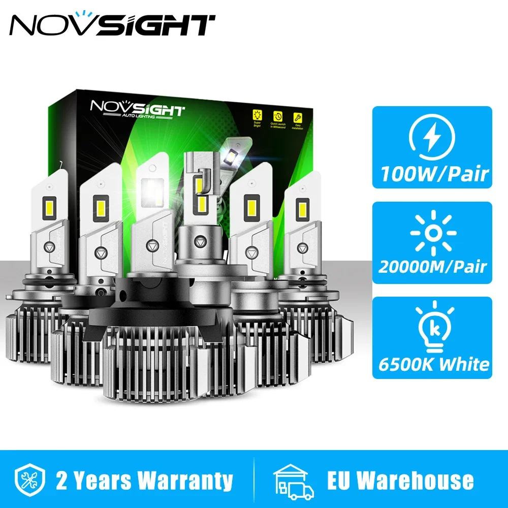 

Светодиодные лампы NOVSIGHT Canbus, две пары, 9005 HB3 9006 HB4, для автомобильных фар, 100 Вт, 20000 лм, 6500K, белые, 12В, 1мм, автолампы